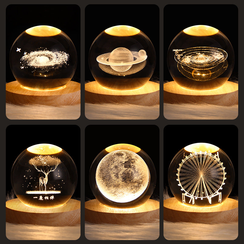Lámpara Bola de Cristal 3D - Luz Nocturna Galaxia LED con Base de Madera